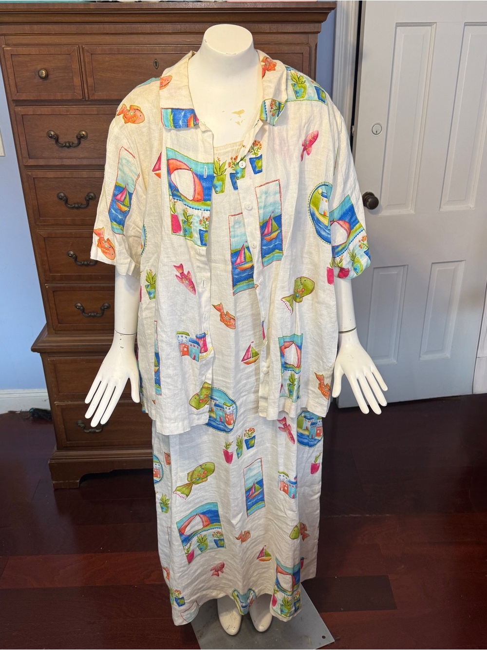 Hot Cotton Marc Ware 2 Piece Linen Set 1X 2X Coastal Nautical Artsy Vintage